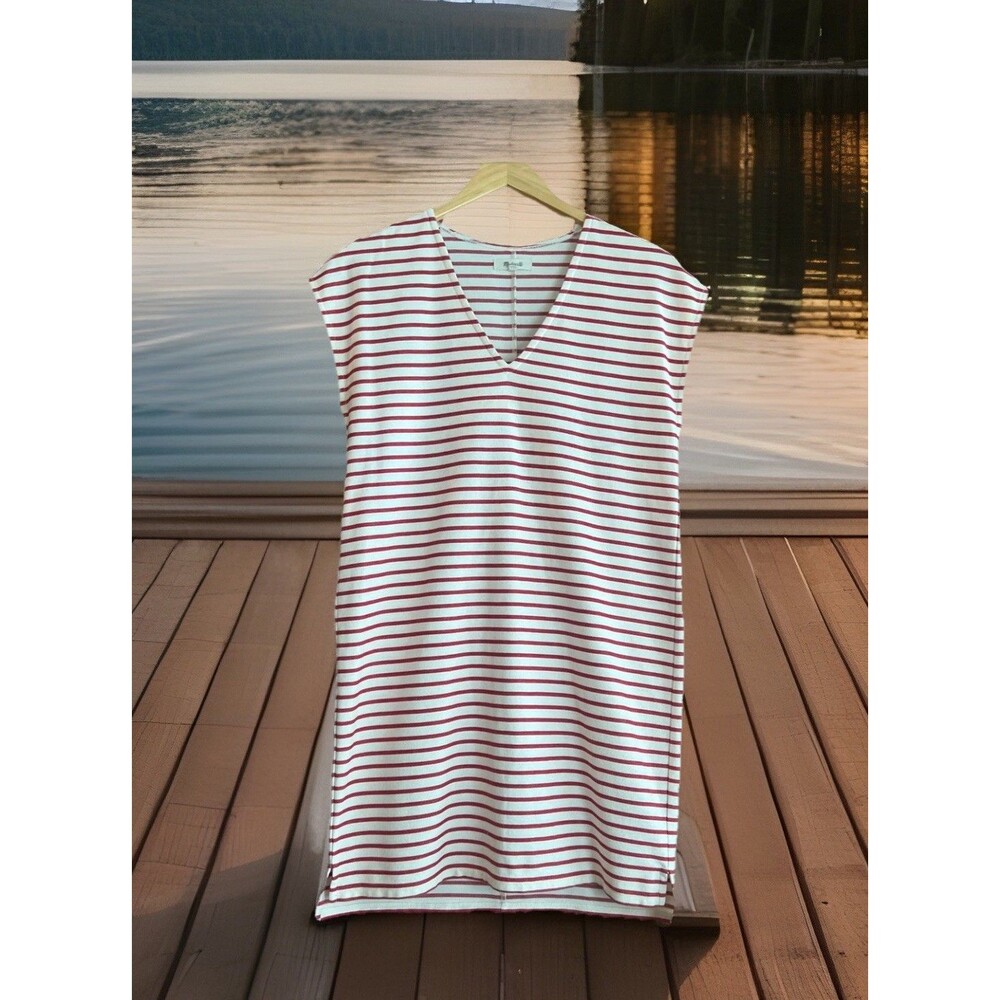 Madewell Sleeveless V-Neck Dress Red/Cream Striped XS Classic Timeless Fashion